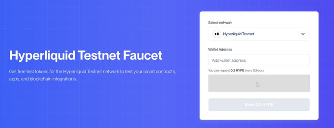 A webpage for the Hyperliquid Testnet Faucet with a blue gradient background, featuring a form to input a wallet address and request 0.2 HYPE tokens every 12 hours.
