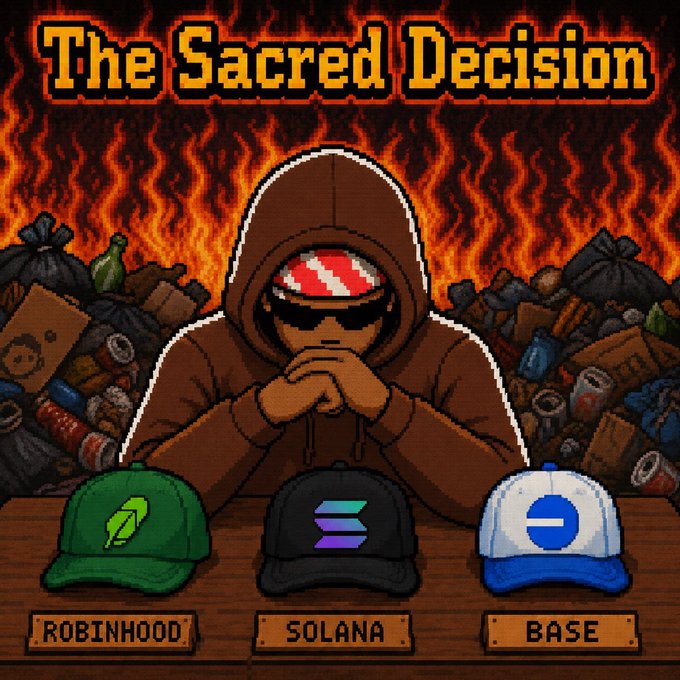 A pixel-art style illustration titled 'The Sacred Decision' showing a hooded figure with sunglasses sitting before a flaming backdrop with piles of trash and bottles, with three baseball caps on a wooden table labeled 'ROBINHOOD', 'SOLANA', and 'BASE'.