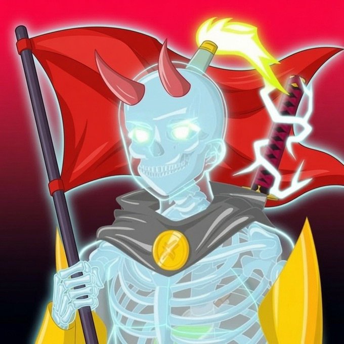 A digital illustration of a glowing skeletal warrior with red horns and glowing white eyes, wearing a dark cloak with a golden medallion, holding a staff with a red flag in one hand and a lightning-wreathed sword in the other, set against a red background.