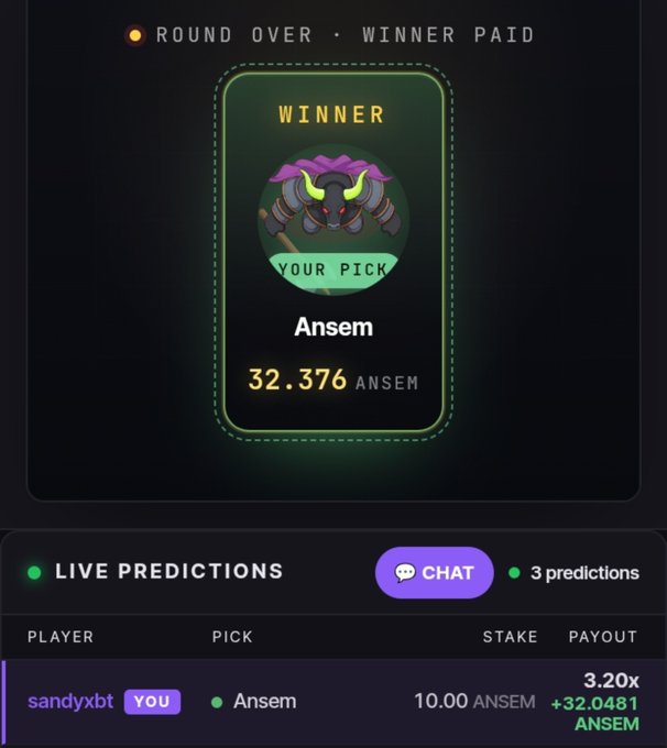 A winner notification screen displays "ROUND OVER · WINNER PAID" for player "Ansem" with a payout of 32.376 ANSEM, while the live predictions table below shows user "sandyxbt" winning 3.20x on their 10.00 ANSEM stake by picking Ansem.

The image ties to the post about distributing codes to the $ANSEM community, as it demonstrates an active prediction round where community members are staking and winning ANSEM tokens—highlighting the platform members can access and benefit from.