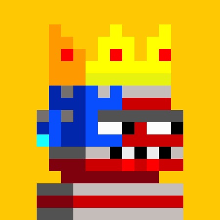 Pixel art image featuring a white skull-like face with multiple eyes on a yellow, orange, and red crown, set against a solid yellow background.