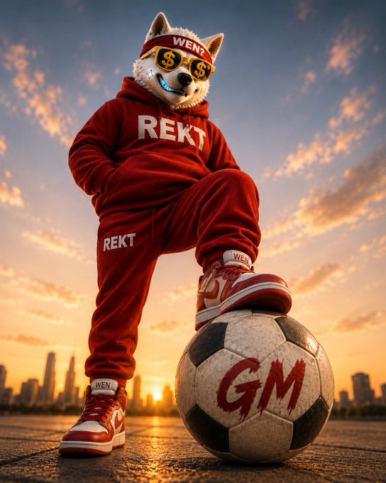 An anthropomorphic Shiba Inu dog wearing a red "REKT" tracksuit, gold dollar-sign sunglasses, and a "WENZ" headband stands with one foot on a soccer ball marked "GM" against a sunset cityscape.