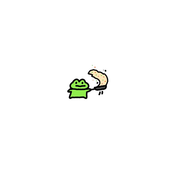 A small cartoon illustration of a green frog with a happy expression holding a shrimp tempura on a stick.
