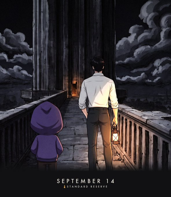 An illustrated scene showing a man holding a lantern and a child in a hoodie walking along a stone bridge toward tall pillars at night, with text reading "SEPTEMBER 14" and "STANDARD RESERVE".