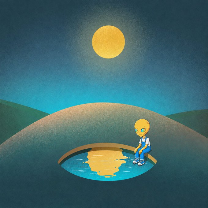 A minimalist digital illustration of a small alien sitting on the edge of a circular pool reflecting the moon, under a dark blue night sky with rolling hills.