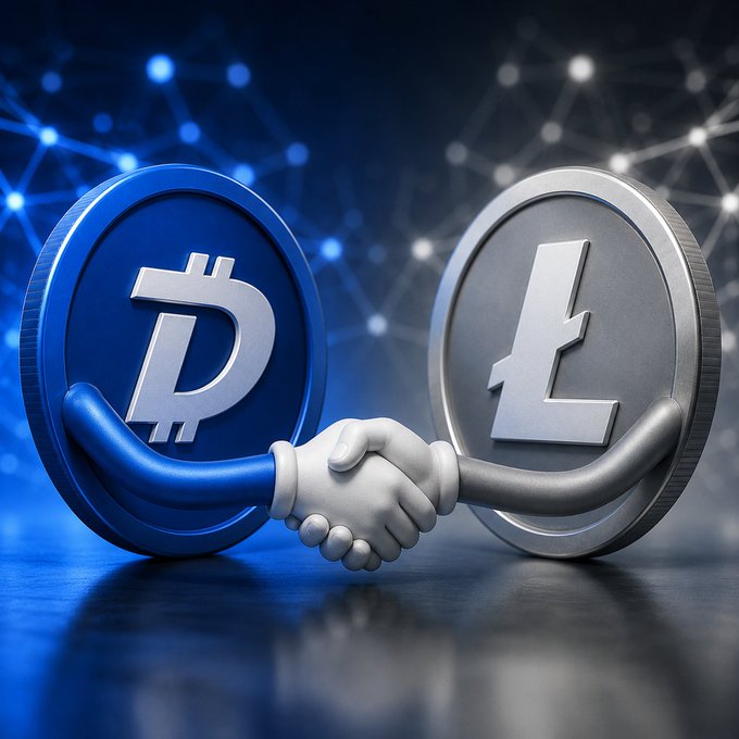 A 3D rendered illustration of a blue DigiByte (D) coin and a silver Litecoin (Ł) coin shaking hands against a network background, symbolizing a partnership.