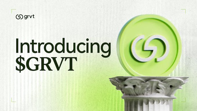 A GRVT announcement graphic reads “Introducing $GRVT,” featuring a green circular logo above a classical column.