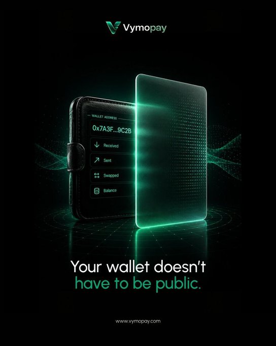 The image is a Vymopay promotional graphic featuring a sleek, dark-themed design with a stylized crypto wallet displayed alongside a glowing green holographic shield, emphasizing wallet privacy. Visible text includes "Vymopay," a wallet address "0x7A3F...9C2B," menu options like "Received," "Sent," "Swapped," and "Balance," and the tagline "Your wallet doesn't have to be public." This visually reinforces the post's message about Vymopay consolidating crypto management, swapping, and privacy features into one secure platform.