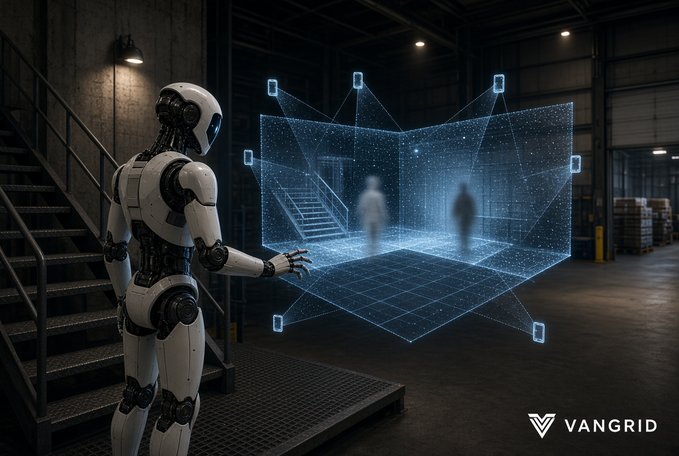 A humanoid robot stands in an industrial setting, interacting with a glowing blue holographic wireframe cube. The logo 'VANGRID' appears in the bottom right.