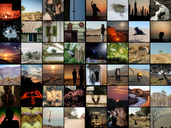 A dense collage or grid of 35 small thumbnail photographs depicting various scenes, including sunsets, landscapes, portraits, wildlife, and abstract compositions.