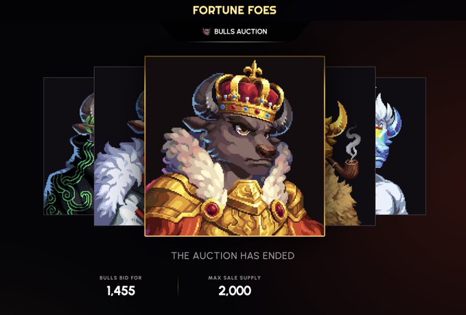 The image displays a "Fortune Foes" Bulls Auction result screen featuring a crowned bull character as the central NFT, with auction details showing a final Bull Bid of 1,455 against a Max Sale Supply of 2,000, and "The Auction Has Ended" displayed below. This corresponds to the post by announcing that with the auction concluded, the remaining 545 unsold units (2,000 supply minus 1,455 bids) will be raffled to wallet addresses submitted via comments on X.