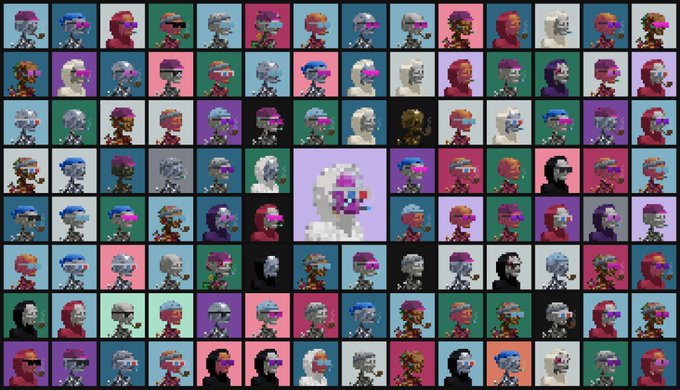 A grid of pixel-art character avatars in various colors and styles, with a larger white skull-like character highlighted in the center.