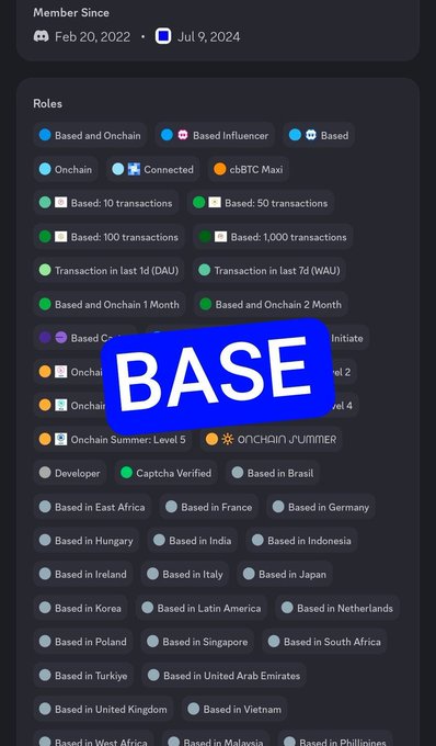 The image shows a Discord user's roles, many of which are related to "Base" and on-chain activity, with the word "BASE" prominently displayed across the image. This visual directly relates to the question about receiving airdrops based on Discord roles within the "Base" community.