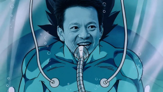 The image shows an anime-style illustration of Goku from Dragon Ball Z inside a rejuvenation tank, but his face has been edited to resemble Elon Musk, giving it a humorous, meme-like quality. The post connects to the image's theme of "powering up," using the visual metaphor of Goku training in a tank to represent Jupiter Mobile's ongoing upgrades and commitment to becoming the "ultimate onchain money app."