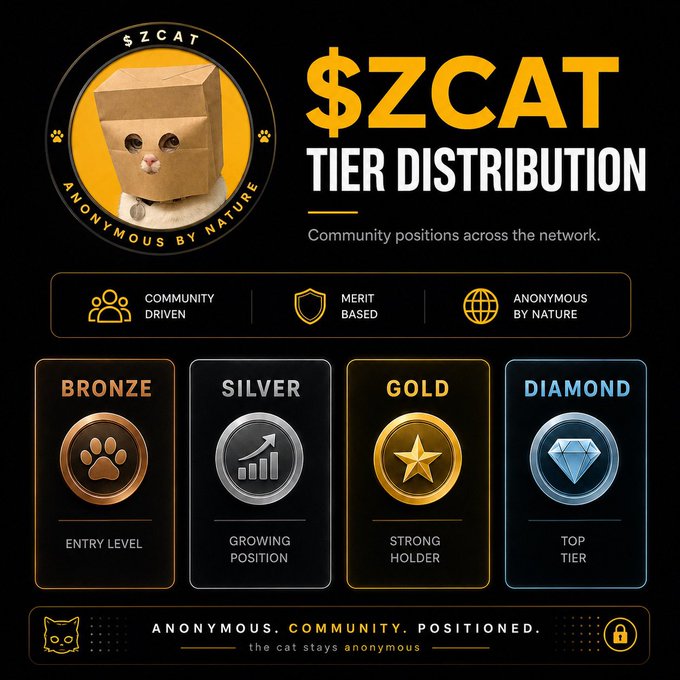 A black and gold infographic titled '$ZCAT TIER DISTRIBUTION' displaying four membership tiers: Bronze (Entry Level), Silver (Growing Position), Gold (Strong Holder), and Diamond (Top Tier), featuring a cat in a paper bag.