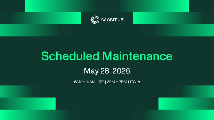 The image shows a poster with green and white stripes, which appears to be promoting scheduled maintenance of a database. The text "Schedule Maintenance May 28, 2026" is displayed at the top of the poster, indicating that the maintenance will take place on May 28th at 2:00 PM. The poster also mentions an upcoming event for the scheduled maintenance, suggesting that it might involve a cross-chain bridge or other related tasks.