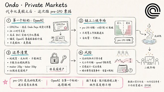 A handwritten-style infographic titled 'Ondo · Private Markets' in Chinese, discussing 'OPAIon' (OpenAI), pre-IPO secondary markets, BVI entities, and risks, with small drawings and logos.