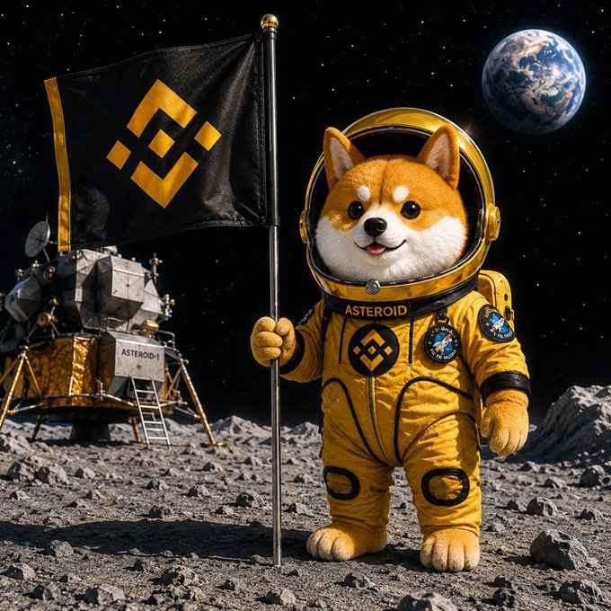 A digital illustration of a Shiba Inu dog dressed as an astronaut in a yellow spacesuit labeled 'ASTEROID,' holding a flag with the Binance logo while standing on a lunar surface with Earth visible in the background and a lunar lander labeled 'ASTEROID-1.'