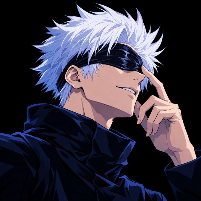 An anime-style illustration of a character with spiky white hair and a black blindfold, wearing a confident smirk and touching his forehead with his finger.