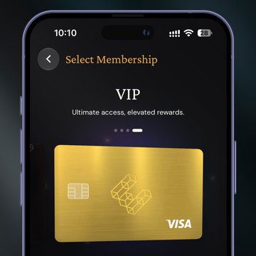 The image shows a smartphone screen displaying a "Select Membership" page with a "VIP" membership option, featuring a striking gold Visa credit card. The caption "How bad do you want VIP? This bad:" humorously suggests the user's intense desire for VIP status, emphasized by the eye-catching premium gold card design.
