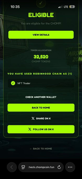 A screenshot from chompcoin.fun showing eligibility for a CHOMPi airdrop with a token allocation of 32,520 CHOMPi tokens for a wallet that has used Robinhood Chain as an NFT Trader. The image promotes checking Robinhood wallet eligibility for the airdrop, which allocates 75% of the 100 billion total token supply, without needing to connect a wallet.