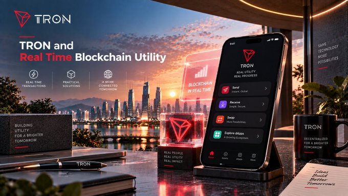 A TRON blockchain promotional banner reading 'TRON and Real Time Blockchain Utility' featuring a smartphone displaying the TRON app interface with Send, Receive, Swap, and Explore dApps options, alongside TRON-branded merchandise.