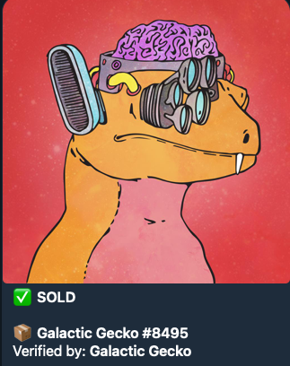 The image shows a "Galactic Gecko #8495" NFT, marked as sold and verified by Galactic Gecko, featuring a cartoon gecko with an exposed brain wearing headphones against a red starry background. This relates to the post announcing that the NFT was purchased by the Artifacte Treasury in support of the most active community on their platform this month.
