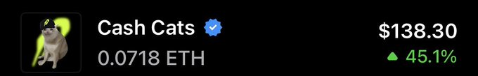 The image displays an NFT listing for "Cash Cats" priced at 0.0718 ETH ($138.30), up 45.1%, aligning with the post's mention of "Cashcat" at the 0.0718 ETH price point as a recent successful trade.