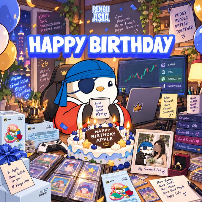 A 'Happy Birthday' illustration for 'PENGU ASIA' features a penguin with an eye patch in front of a birthday cake, surrounded by trading cards, a monitor showing charts, and various stickers with messages.