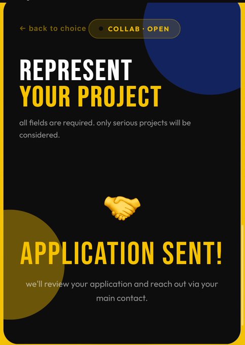 The image shows a poster with a yellow background, black text, and an image of two hands shaking hands. The poster has a message that reads "I've got news for the @nerdsoneth community!. We have officially submitted our collaboration proposal to the @Yellowcatz_ team. 777 supply Eth Free Mint Lead by @Gems_Finder22 Feel free to apply here yellowcatz.io/whitelist". The poster is related to a social media post, as indicated by the text "Application Sent!".