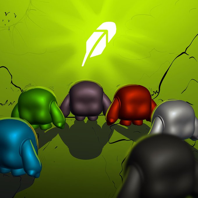 A group of colorful bean-shaped characters (reminiscent of "Among Us" crewmates) in blue, green, purple, red, gray, and black stand together facing a glowing white rocket icon, symbolizing a moonshot or unified launch—fitting the Robinhood context of traders united in anticipation of a market rally.