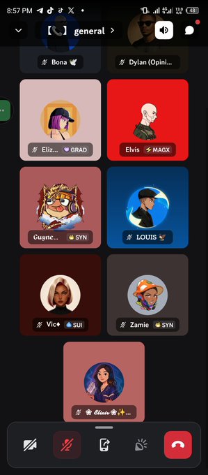 A Discord voice channel screenshot from MagnetXDao showing a general call with participants labeled Eliza (GRAD), Elvis (MAGX), Guyane (SYN), Louis, Vic (SUI), Zomie (SYN), and Alicia visible in the "general" channel, illustrating the post's mention of attending the @MagnetXDao call.