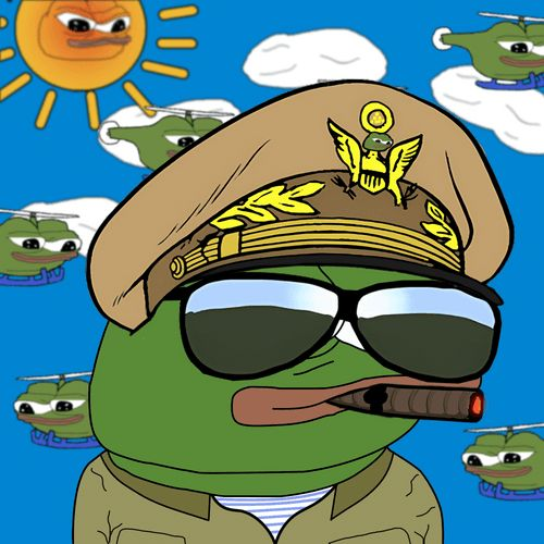 A cartoon Pepe the Frog dressed as a military general wearing a peaked cap with insignia, sunglasses, and smoking a cigar, with helicopters and a sun in the background.