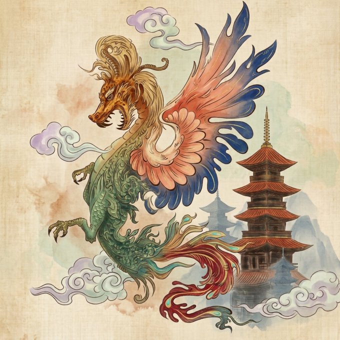 An ornate Asian-style illustration of a mythological creature resembling a dragon-headed bird with elaborate wings, set against a pagoda and swirling clouds.