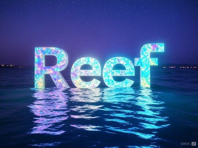 A neon-lit "Reef" sign partially submerged in water at night under a starry sky, generated by Grok.