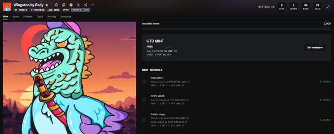 Screenshot of a crypto website 'Wingston by Rally' featuring a blue dinosaur mascot with a sword, and a mint schedule for tokens including GTD MINT, FOTS MINT, and Public Stage.