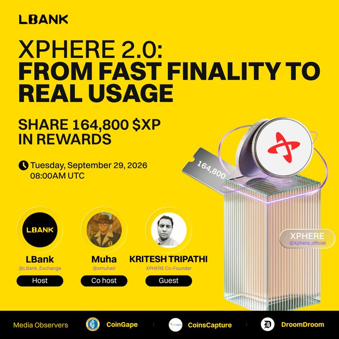 Promotional graphic for an XPHERE 2.0 Twitter Space hosted by LBank, featuring "XPHERE 2.0: From Fast Finality to Real Usage" with a 164,800 $XP reward giveaway on Tuesday, September 29, 2026 at 08:00 AM UTC, showcasing host LBank, co-host Muha (@xmuha0), and guest Kritesh Tripathi, XPHERE Co-Founder.