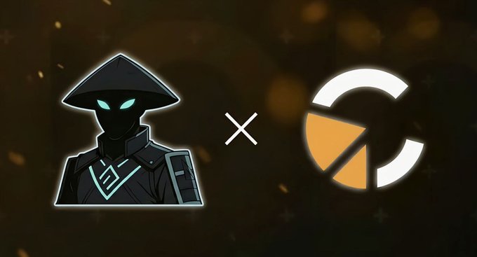 A collaboration-style graphic shows a black-hatted, glowing-eyed character on the left, a white “X” in the center, and a circular orange-and-white segmented logo on the right.
