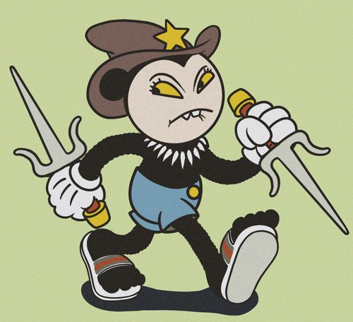 A cartoon-style illustration of a fierce-looking panda character wearing a cowboy hat with a star, wielding two daggers against a light green background.