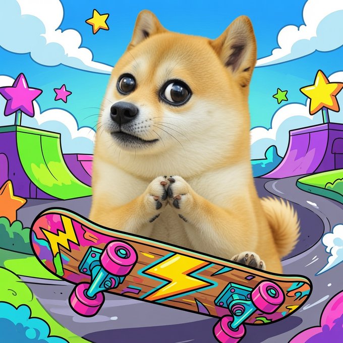 The image features a cartoon dog sitting on top of a skateboard with its paws up, giving the impression that it's riding the board. The background includes a colorful sky filled with stars and other elements typical of a skate park scene. The caption at the bottom of the image reads "Good morning, everyone in the crypto warrior community! $SHIBU 7Mxvi7bi5bnjELB4QNzQ4VrQEPeBgPbWwbfwE1ydBAGS".
