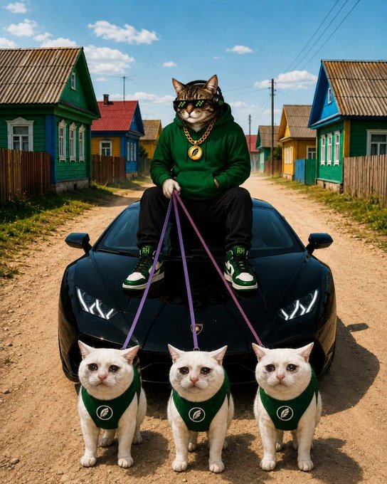 A surreal AI-generated image shows a figure with a cat's head wearing a green hoodie, gold chain, and sneakers sitting on a black Lamborghini hood, holding leashes attached to three white cats in matching green outfits, set against a colorful rural village backdrop.