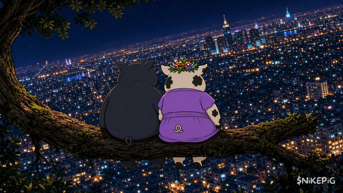 A digital illustration signed 'SNICKEPIG' showing a black pig and a cow in a purple dress sitting on a tree branch overlooking a brightly lit city at night.