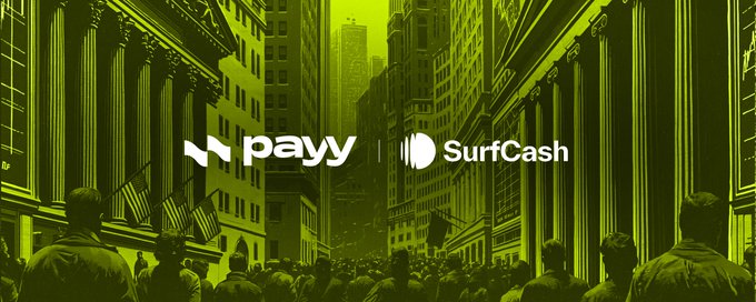 A promotional banner with a green-tinted city street and Wall Street imagery in the background, featuring logos for 'Payy' and 'SurfCash'.