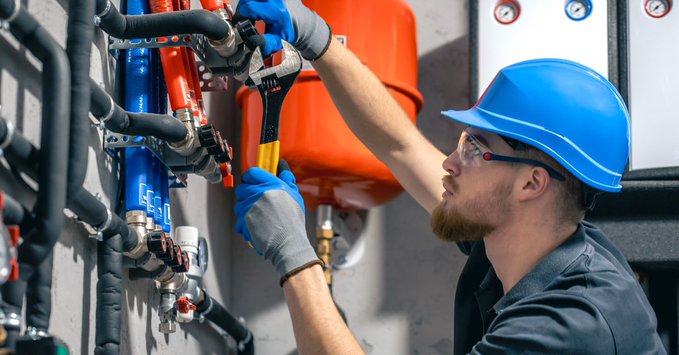 A worker wearing a blue hard hat, gray shirt, and gray gloves uses a wrench on blue industrial pipes connected to a red tank.