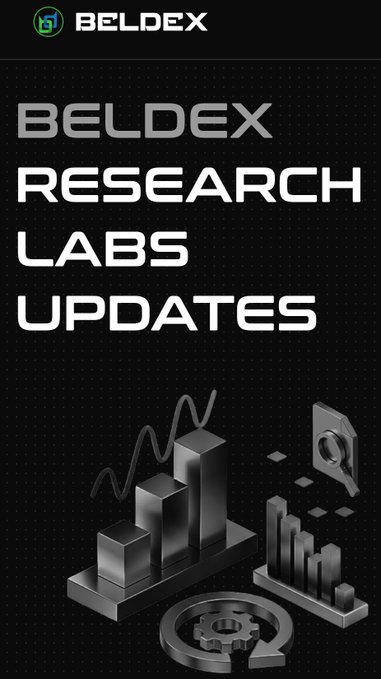 A vertical promotional banner for Beldex Research Labs Updates, featuring a black background with 3D bar chart, gear, and key icons.