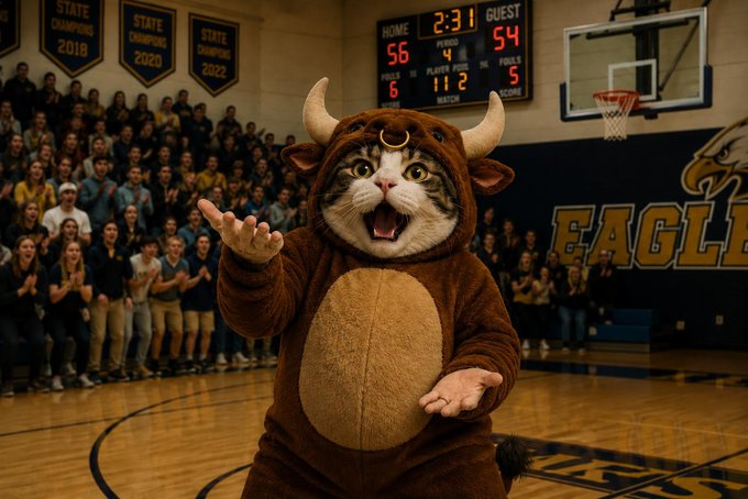 The image shows a cat dressed in a bull mascot costume performing on a basketball court, with the scoreboard displaying Home 56 and Guest 54 at 2:31, and "EAGLES" visible on the wall. The cat's enthusiastic pose and the chaotic "send your solami wallets" text create an absurd, meme-like contrast to the school gymnasium setting, with the championship banners (2018, 2020, 2022) and crowd adding to the surreal humor of the scene.