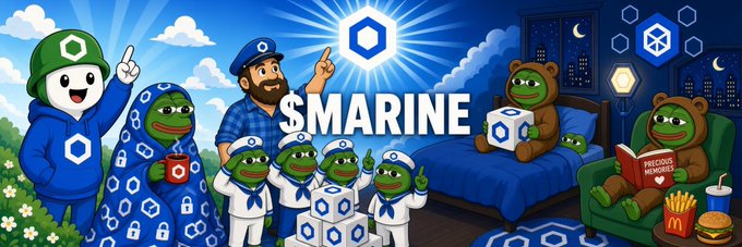 A vibrant cartoon banner for Solana token $MARINE featuring Pepe-style frog characters dressed as sailors and cuddled in bear onesies, with prominent "$MARINE" text and a blue hexagon logo, fitting the playful nautical and cozy meme aesthetic typical of community-created crypto imagery.