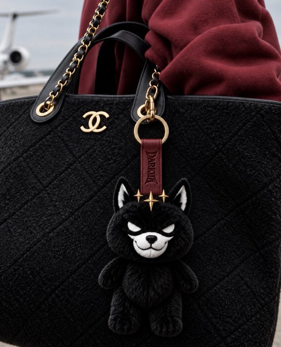 A black Chanel-style quilted tote bag with a "DARKZ" leather keychain holding a plush black wolf charm with gold star eyes is shown, paired with a caption promoting a 10K PFP collection inscribed on Bitcoin and encouraging users to share their EVM wallet addresses for whitelist selection.