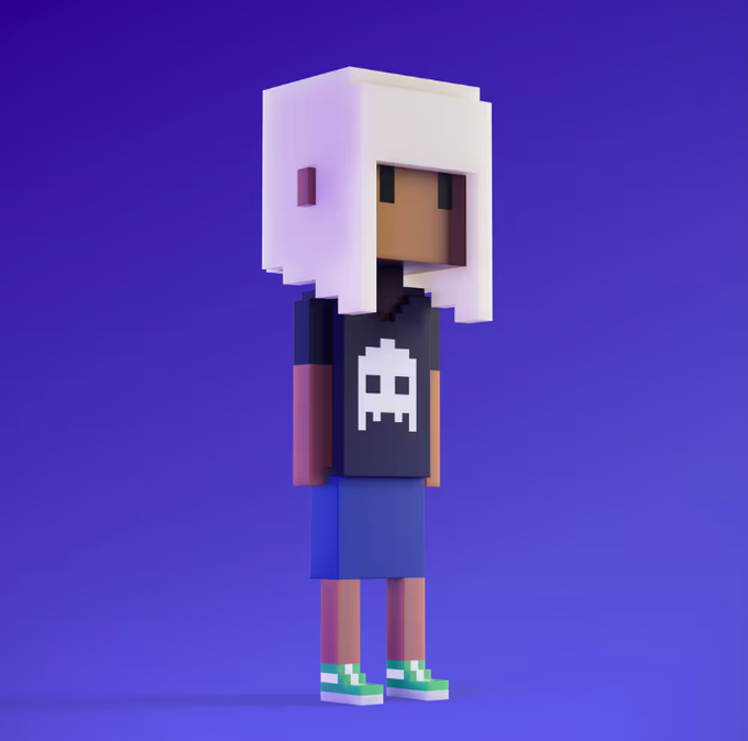 A 3D voxel-style character with a white blocky hairstyle, wearing a black t-shirt with a white skull, blue shorts, and green sneakers, standing against a solid blue background.