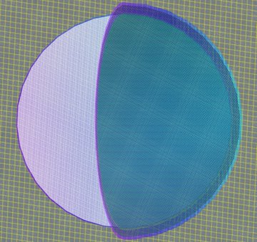 The image features a circle with two distinct halves, one white and one blue. The white half appears larger than the blue half, creating an interesting visual effect. The background consists of a grid pattern that extends across the entire image. The caption "Gn from Gazers #623 in the collection of Moderats" is also present within the image.
